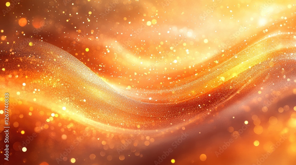 Poster golden particles flowing and forming abstract wavy shapes