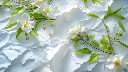 White flowers and green leaves on textured crumpled paper background with soft lighting and ample copy space for text placement