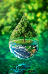 A nature in water drop with green ecology background. 
