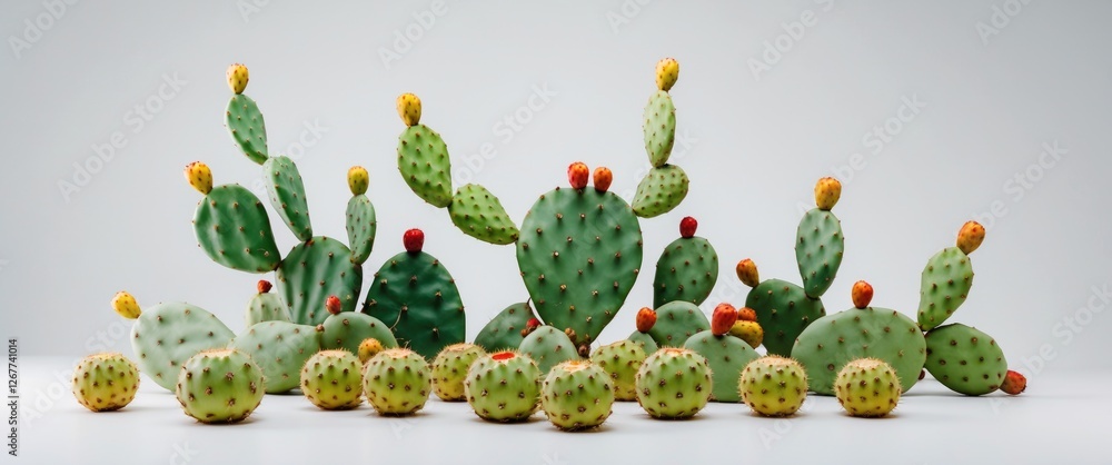 Poster various cactus species arranged on a white background showcasing unique shapes and colors with copy 