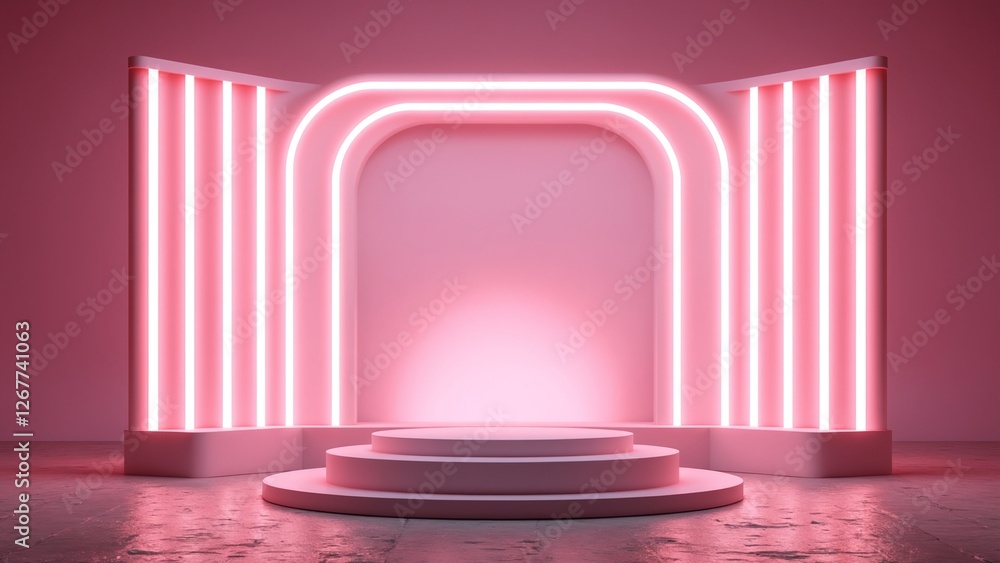 Poster pink neon light product background stage or podium pedestal on grunge street floor with glow spotlig