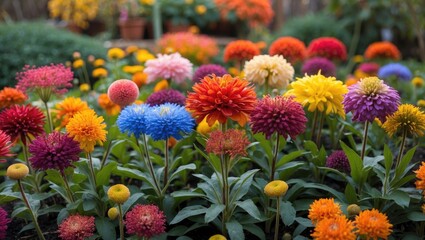 Colorful flower garden with various blooming flowers in vibrant hues including orange, purple, pink, yellow, and blue with lush green leaves Copy Space