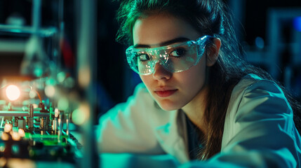 Young woman, safety glasses, experiment, green technology, student, looks happy during prototype research in laboratory