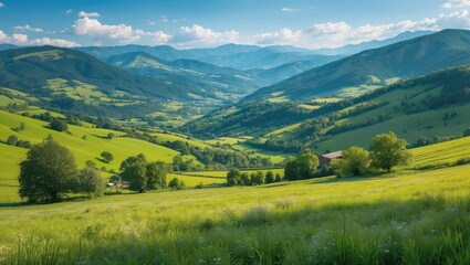 Naklejka premium Mountain landscape with lush green valleys and rolling hills under a clear blue sky with scattered clouds, Copy Space