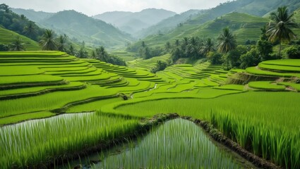 Fototapeta premium Lush green terraced rice fields with palm trees under cloudy sky in mountainous landscape Copy Space