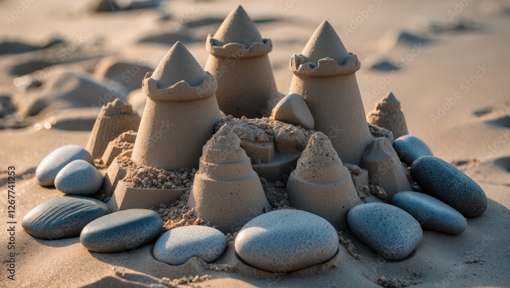 Poster sandcastle built on beach surrounded by colorful pebbles in soft morning light with text space