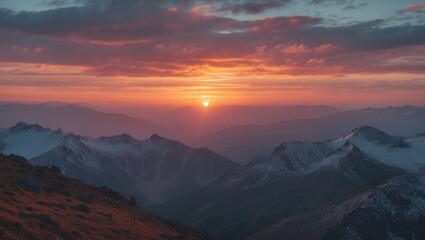 Scenic mountain landscape at sunset with layered peaks illuminated by warm light and dramatic clouds in the sky Copy Space