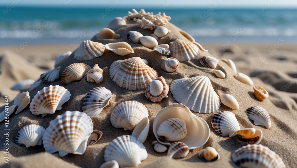 Poster piled seashells on sandy beach with soft ocean waves in background natural coastal scene with copy s