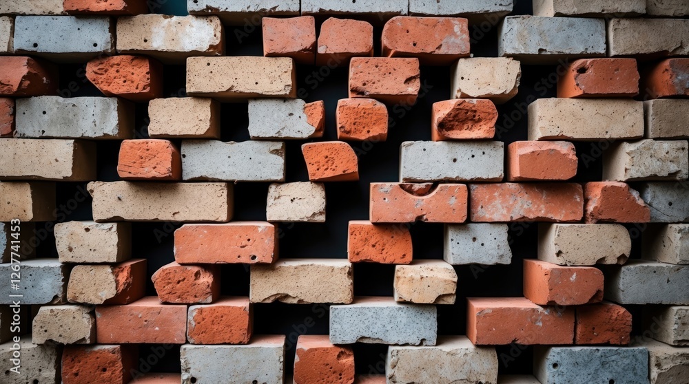 Poster textured background of stacked bricks in various colors including red, beige, and gray with uneven s