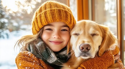 Winter Hug with Dog by Window. Snowy Background.  Possible use Family, Holiday, Pet
