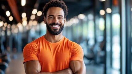 Fototapeta premium A smiling man in a vibrant workout outfit stands confidently in a brightly lit gym, surrounded by modern fitness equipment