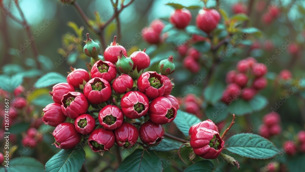 Poster red berries on a bush with green leaves creating a natural backdrop and copy space for text placemen