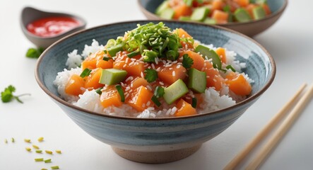 Bowl of sushi rice topped with diced mango cucumber green onions and sesame seeds with chopsticks and dipping sauce Copy Space