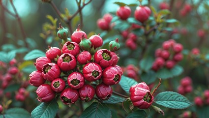 Obraz premium Red berries on a bush with green leaves creating a natural backdrop and copy space for text placement