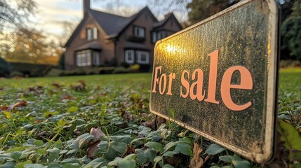 Rustic house with weathered 'For Sale' sign in grass