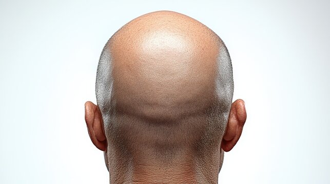Top view of a male head with a bald patch and light hair on a white background
