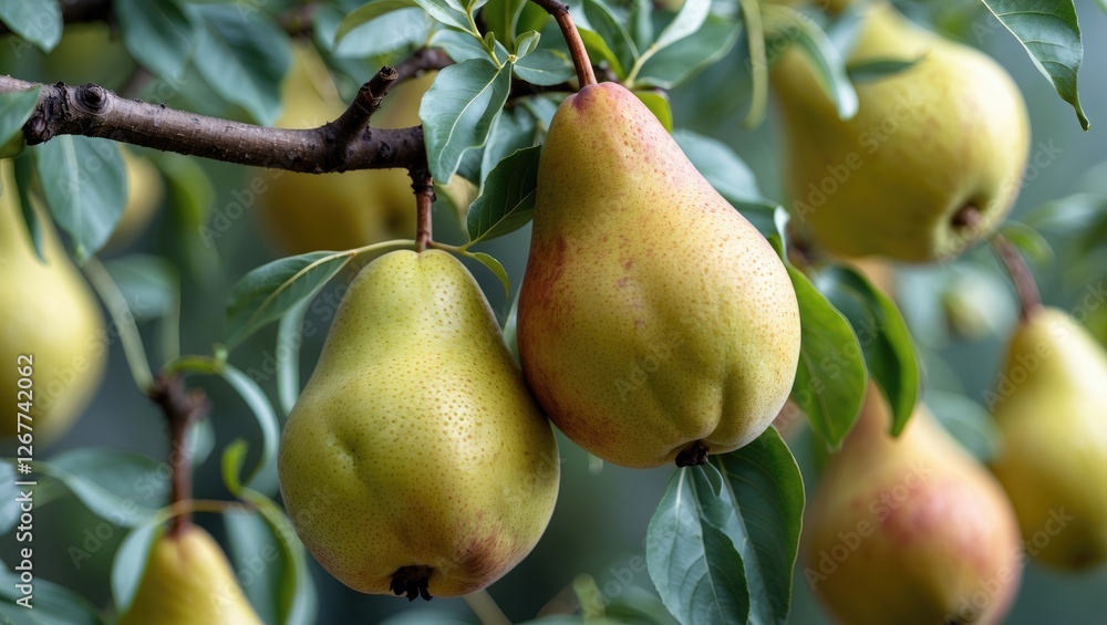 Poster pears hanging from a tree branch surrounded by green leaves blurred background with ample copy space