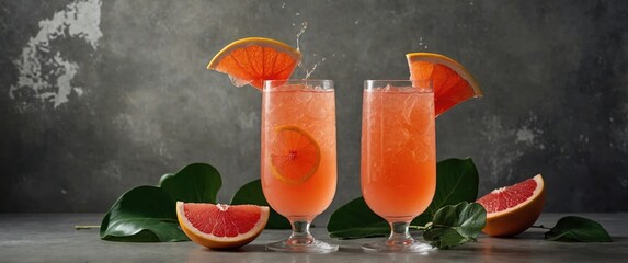 Refreshing pink grapefruit cocktails in clear glasses garnished with grapefruit slices and green leaves on a dark textured background Copy Space