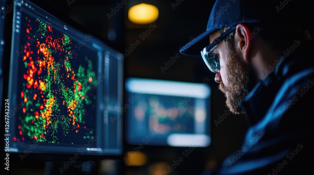 Poster professional data analyst working with digital visualizations at night