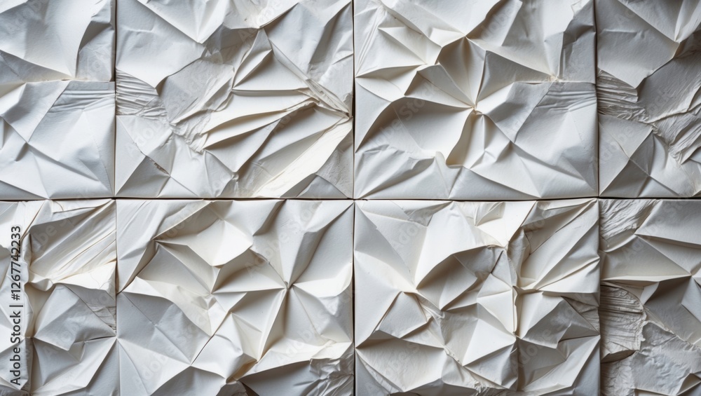 Poster textured white paper wall panels with crumpled and folded designs exhibiting an abstract pattern, su