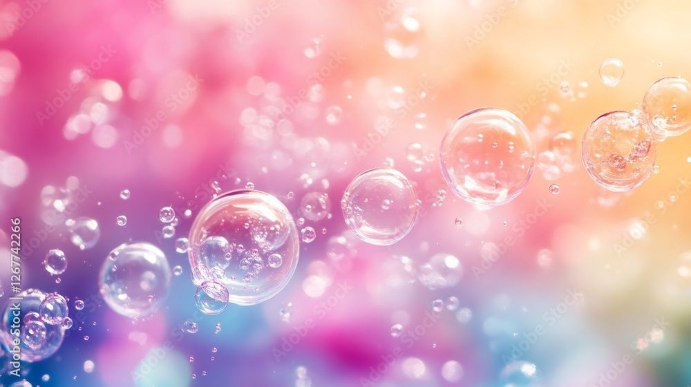 Poster Soap bubbles floating on a colorful background creating a dreamlike atmosphere