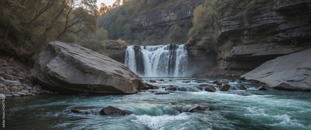Poster scenic waterfall cascading down rocky cliffs surrounded by lush trees with rushing water creating a 