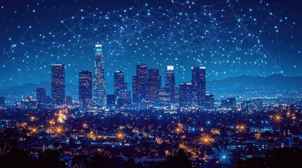 Night Los Angeles cityscape, network connection, stars