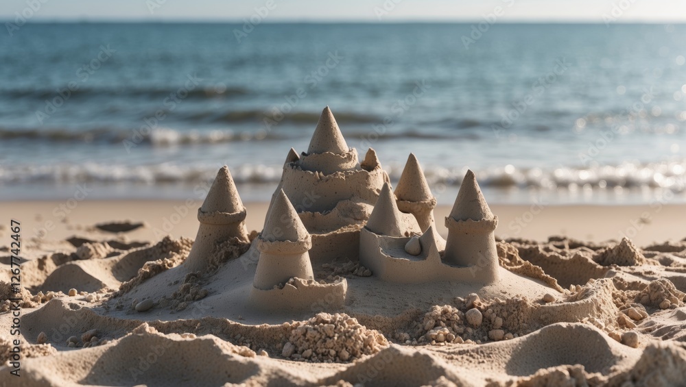 Aufkleber sandcastle on the beach with ocean waves in the background during daytime with clear sky and soft sa
