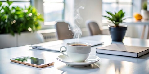 Fototapeta premium Productive workday: mobile, coffee, white desk space.