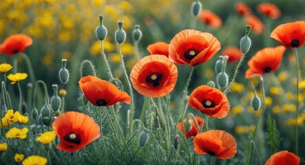 Obraz premium Vivid orange poppies and yellow flowers in a lush green field with clear focus on the foreground blossoms and blurred background flowers Copy Space