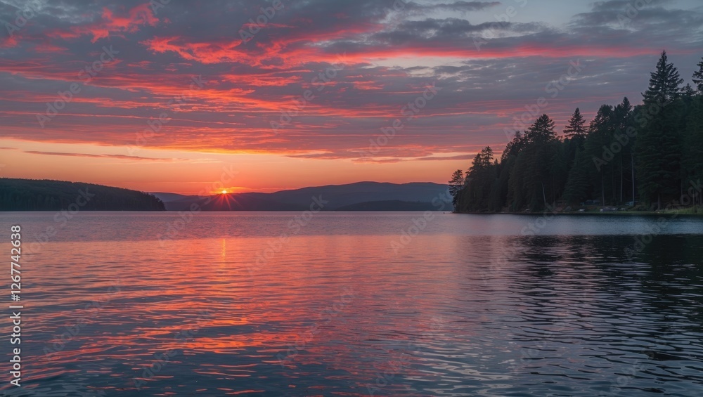 Poster sunset over a tranquil lake with colorful reflections and forested shoreline in the background copy 