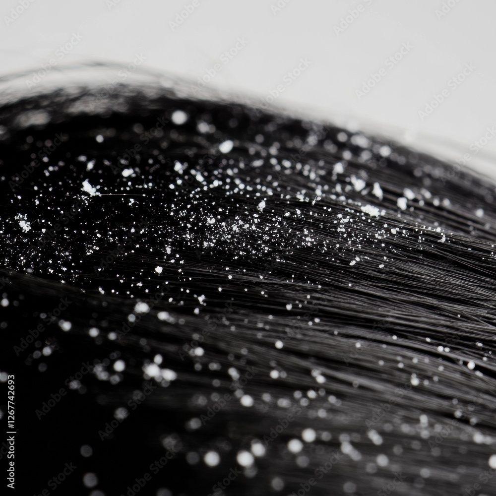 Poster dandruff flakes on dark hair strands with clear text space for informative content. generative ai