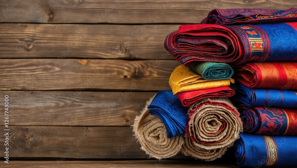 Poster colorful rolled fabrics stacked on a wooden surface with rustic background and ample copy space for 