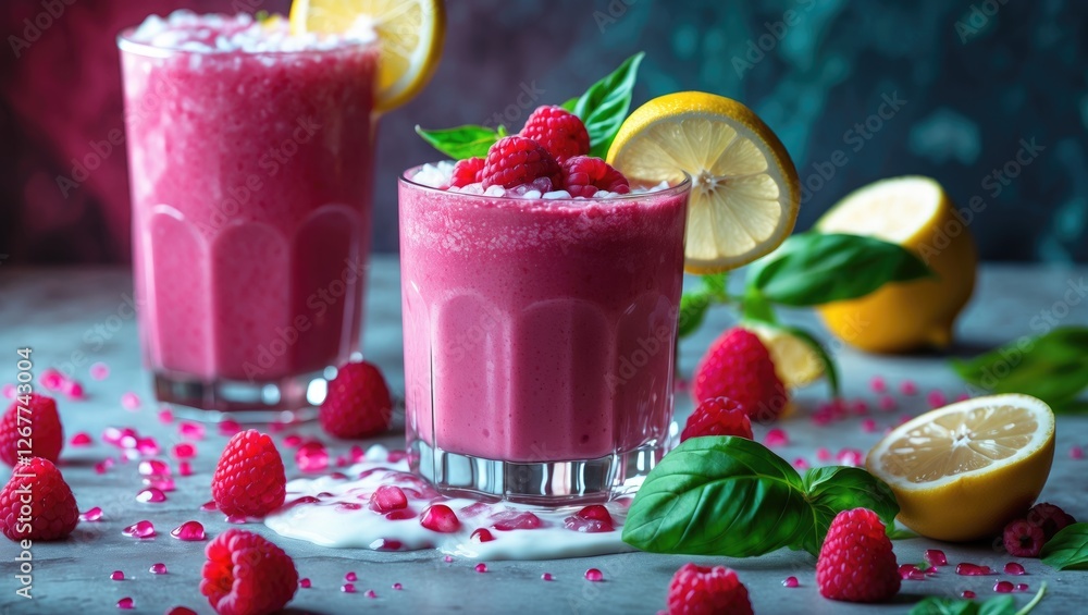 Poster raspberry lemonade smoothie with fresh raspberries and lemon slices on a textured surface with basil