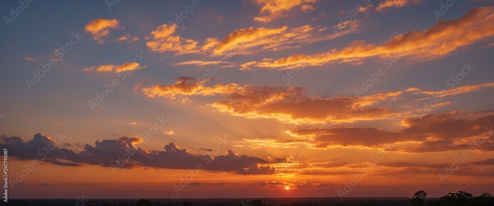 Poster sunset sky with colorful clouds and rays of light over horizon during twilight copy space