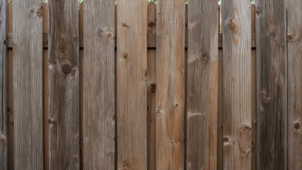 Wooden fence panel background with varying shades of brown, vertical planks, natural texture, and visible knots, suitable for design use. Copy Space