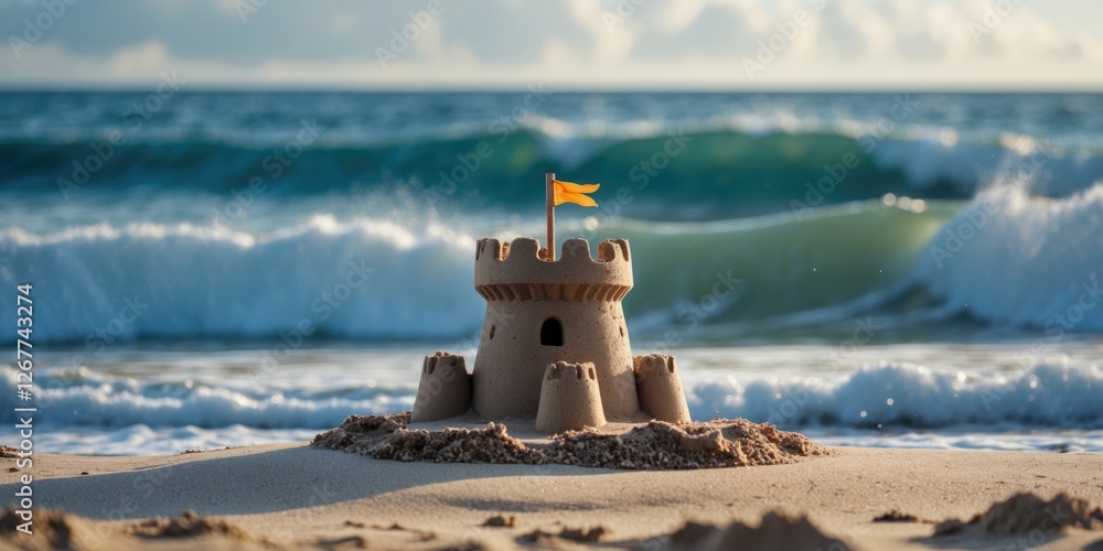 Poster sandcastle with a yellow flag on a beach with rolling waves and a blue sky in the background copy sp