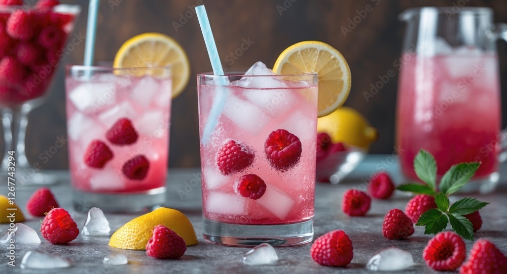 Poster fresh raspberry lemonade cocktails with lemon slices and ice on a rustic table with raspberries and 