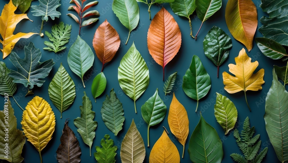 Poster various types of leaves displayed on blue background with copy space for text