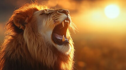 Majestic lion roaring at sunrise in African savanna