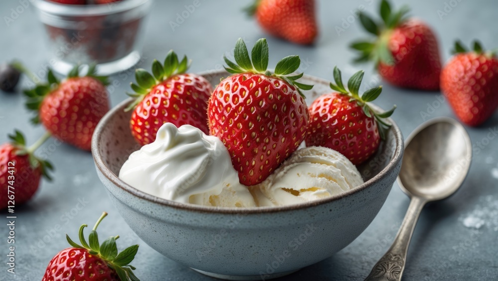 Poster bowl of vanilla ice cream topped with fresh strawberries on a textured surface with additional straw