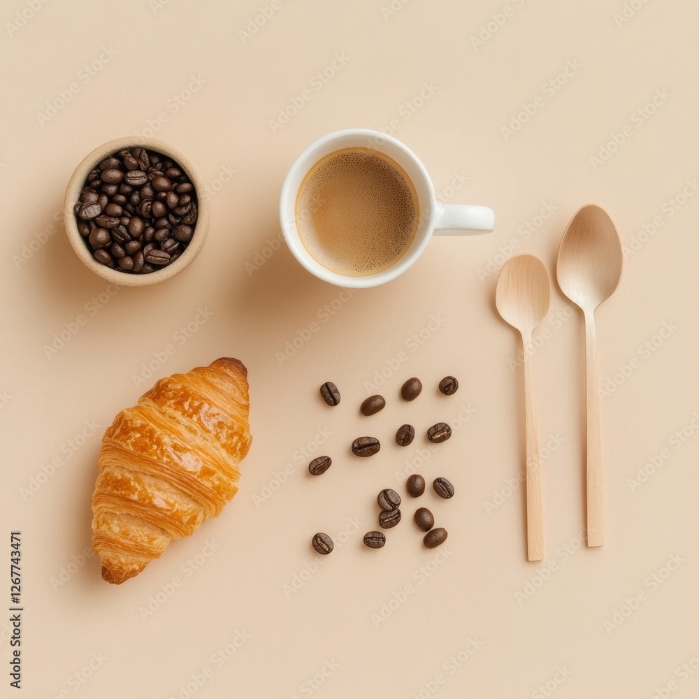 Poster coffee and croissant flat lay with wooden spoons and coffee beans on a beige background for a cozy b