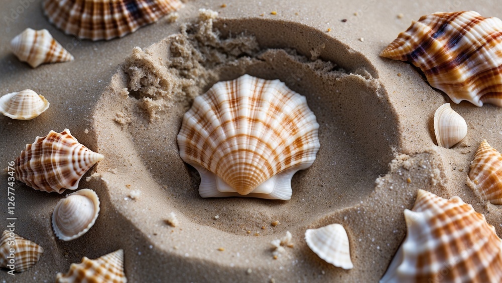 Poster close-up of assorted seashells on sand with a central shell nestled in a small depression copy space