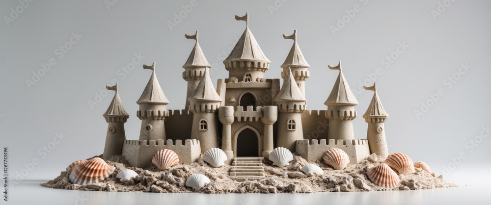 Aufkleber sandcastle with towers and flags surrounded by seashells on a light background copy space