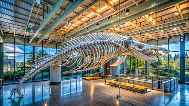 Modern, artistic view of a Gray Whale skeleton at UCSC.
