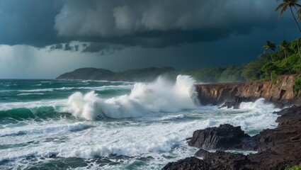 Fototapeta premium Stormy ocean waves crashing against rocky shoreline under dark clouds with tropical vegetation in the background. Copy Space.