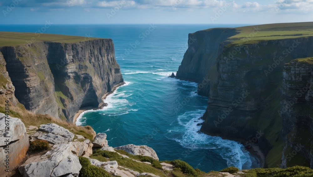 Poster cliffs overlooking ocean with waves crashing against rocks under blue sky and clouds in coastal land