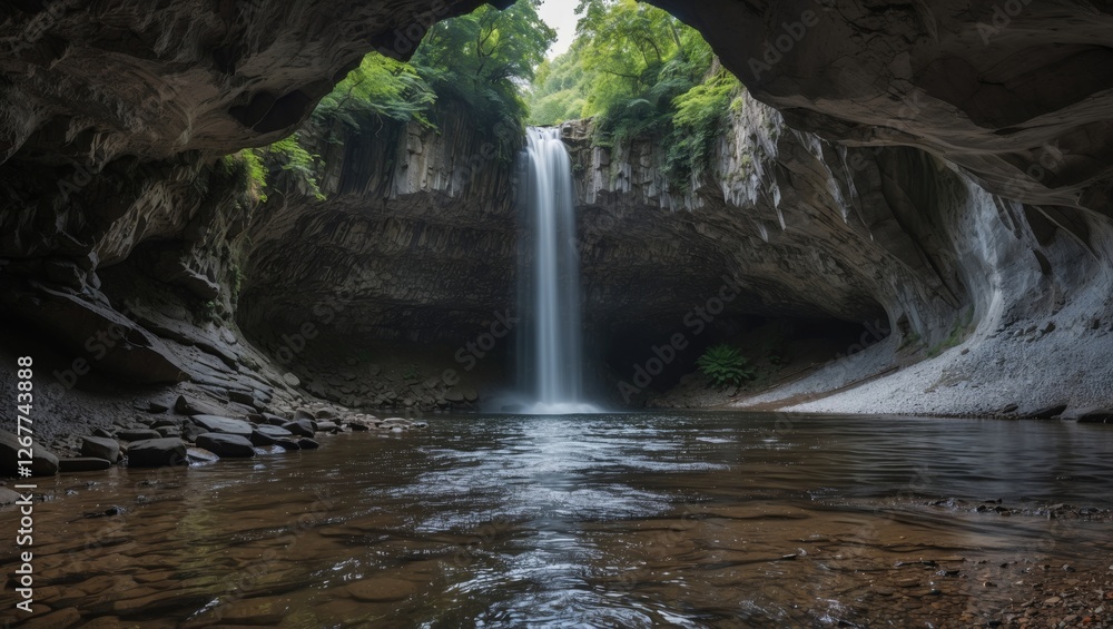 Poster scenic view of a waterfall cascading from rocky cliffs into a tranquil pool surrounded by lush green