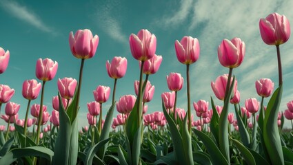 Fototapeta premium Field of pink tulips under blue sky with clouds in a vibrant spring landscape, Copy Space