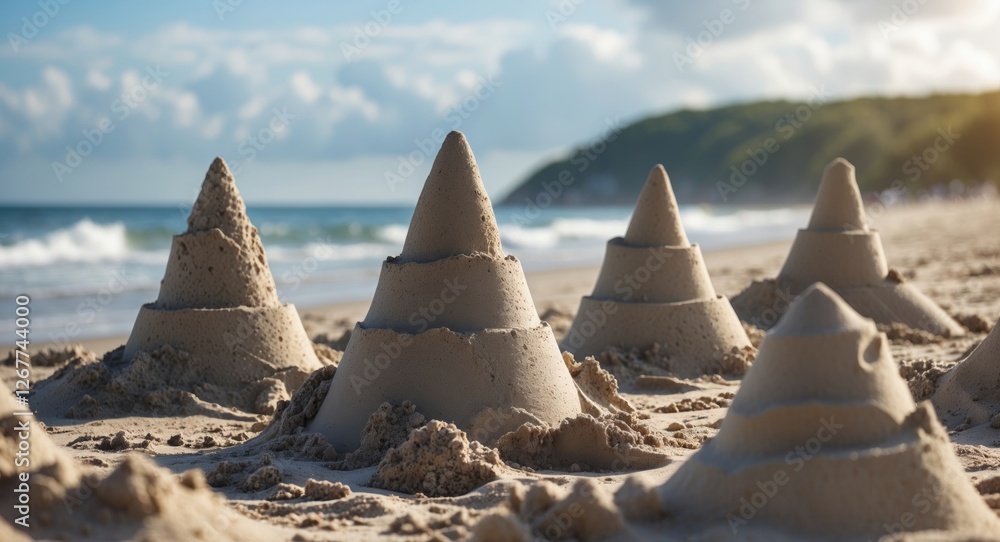 Poster sandcastles on a beach with ocean waves in the background under a cloudy sky showcasing a summer sce